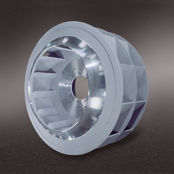 Double-inlet impeller with stiffened blade inlet and outlet edges for exhaust gas fan downstream of filter 